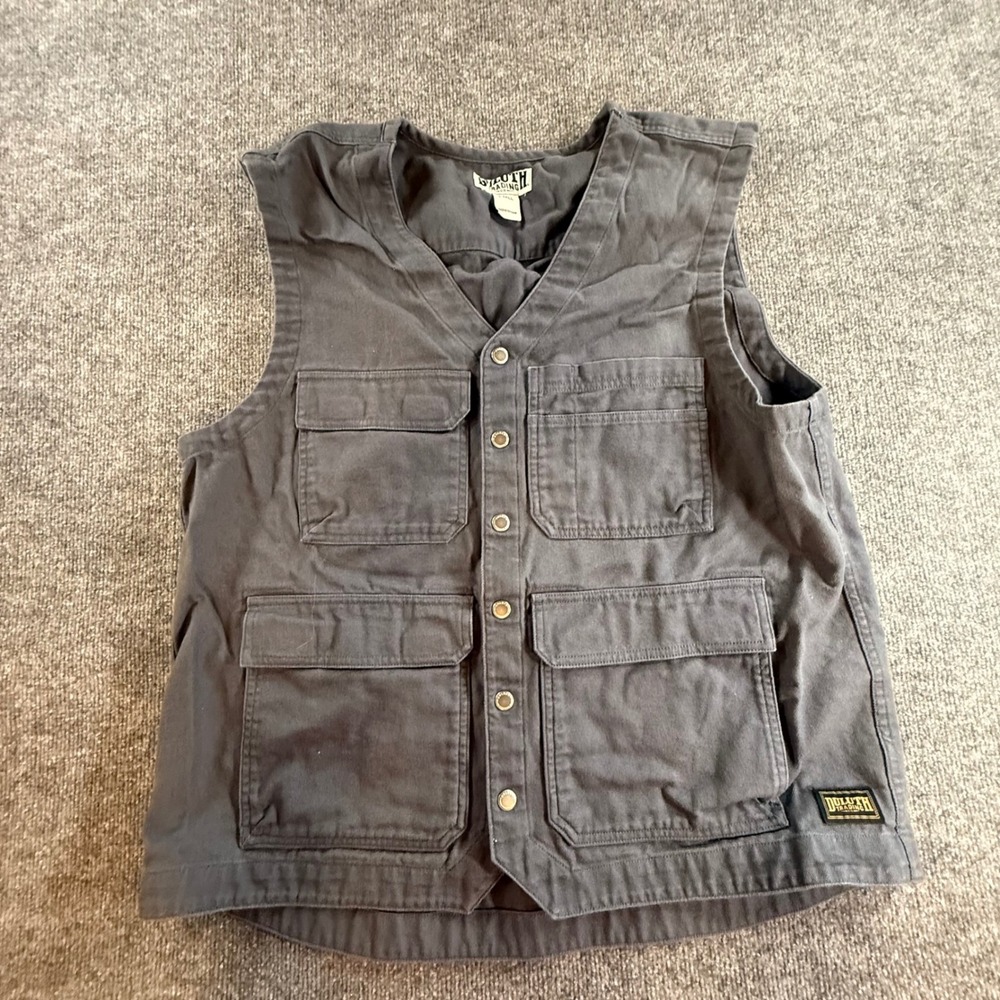 Duluth Trading Co Mens Gray Cotton Canvas Utility Work Vest Large Tall L TALL